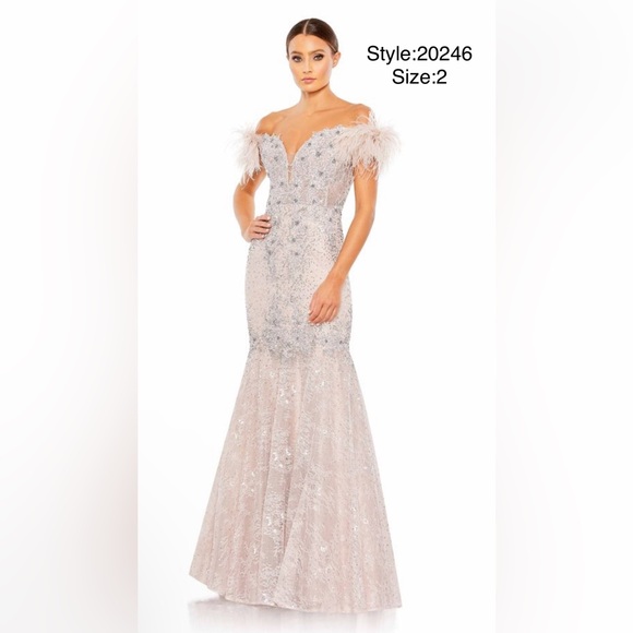 Off shoulder Trumpet gown embellished with beads & ostrich feathers - Picture 1 of 3